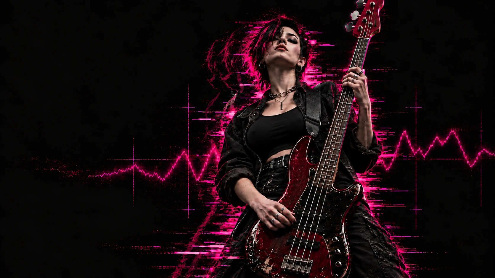 Fuşya ışık ve ses dalgaları önünde bas gitar çalan kadın müzisyen